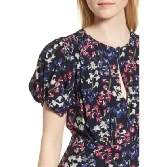 NWT Lewit Keyhole Puff Sleeve 100% Silk A-Line Dress Knee Length Navy Blue Dress - Picture 2 of 8